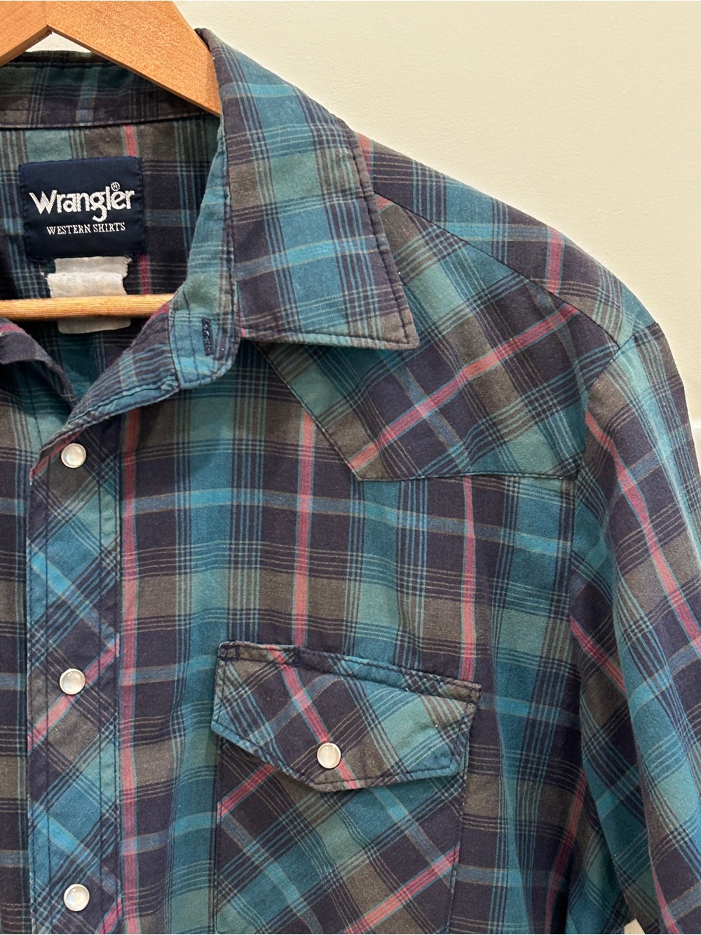 Vintage Wrangler Teal & Navy Plaid Western Shirt